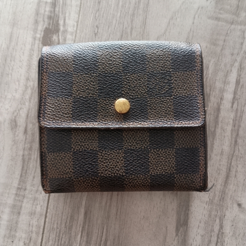 LOUIS VUITTON LV Vintage Damier Check Leather Wallet Brown Medium Trifold Elise